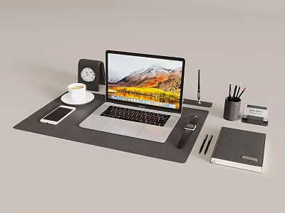 Modern Laptop Desk Setup With Smartphone Coffee Cup Clock Pen Holder And Notebook 3d model