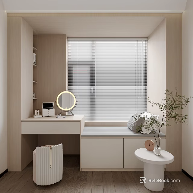 Modern Dressing Table With Round Mirror Near Window Blinds And Storage Cabinets With Decorative Plant 3d model 