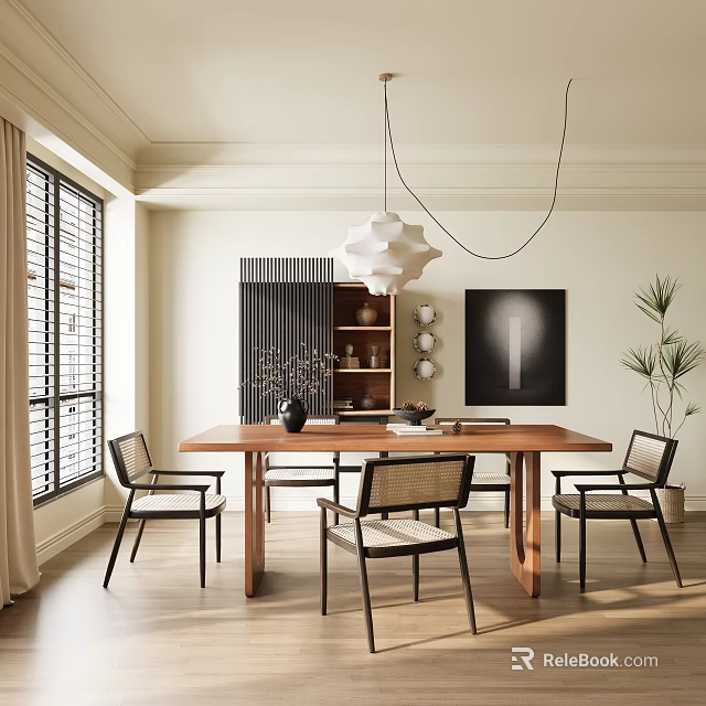 Elegant Modern Dining Room Interior With Wooden Dining Table Pendant Light And Artwork 3d model 