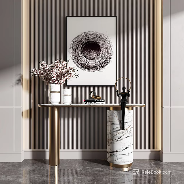Elegant Console Table with Marble Top Golden Legs Pink Floral Decor and Abstract Wall Art 3d model 