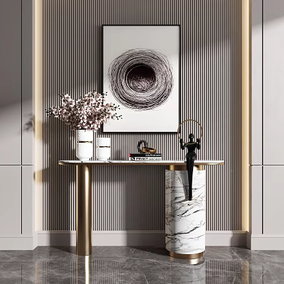 Elegant Console Table with Marble Top Golden Legs Pink Floral Decor and Abstract Wall Art 3d model