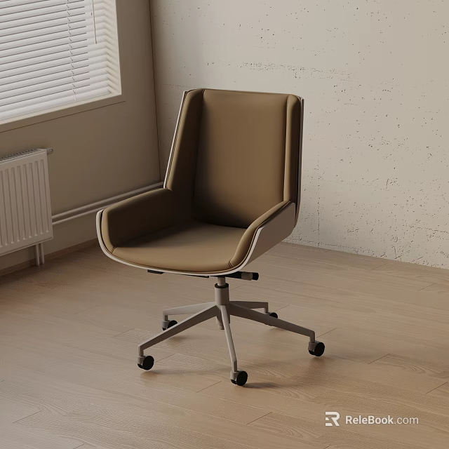 Brown Leather Office Chair With Modern Design And Metal Base On Wooden Floor 3d model 