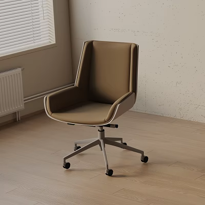 Brown Leather Office Chair With Modern Design And Metal Base On Wooden Floor 3d model