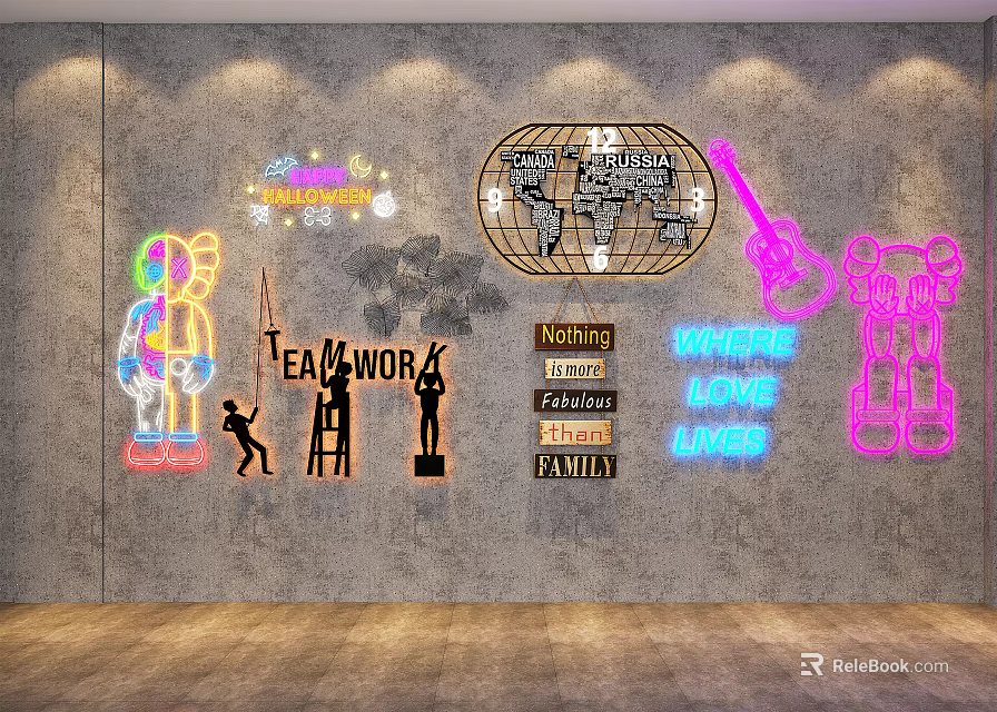 Neon Decorative Lights With World Map Character And Letter Patterns For Creative Wall Decor 3d model