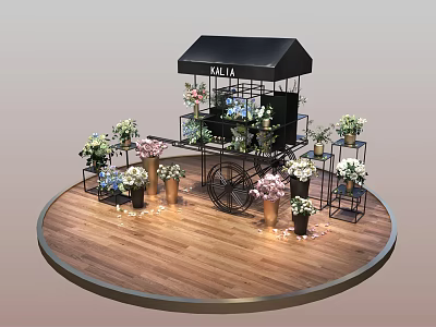 KALIA Flower Cart With Black Canopy Display Colorful Flowers on Circular Wooden Platform 3d model