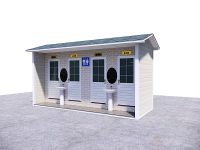 Portable Toilet Building With White Exterior Dark Roof Three Compartments And Hand Washing Stations 3d model