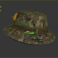 Camouflage Bucket Hat With Brown Belt Buckle Orange Decoration And Green Tag