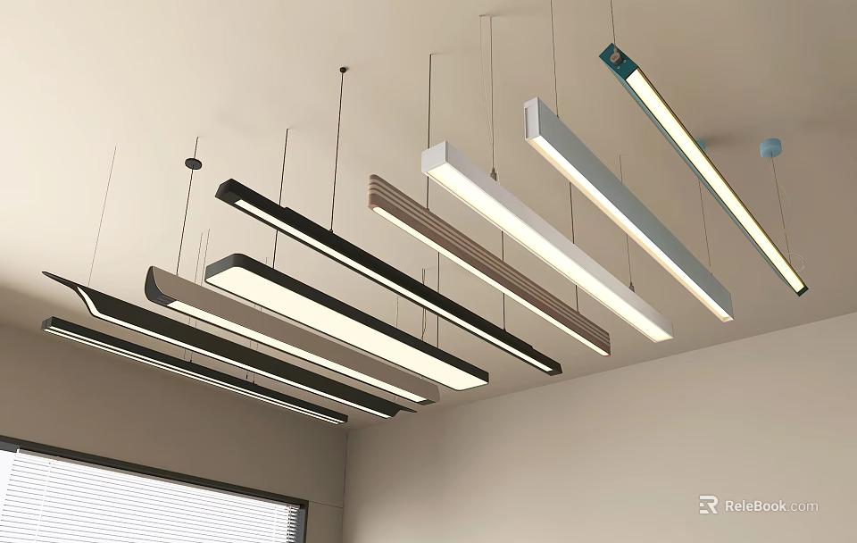 Sleek Linear Pendant Lights With Various Colors Hanging On Ceiling For Modern Interior Design 3d model 