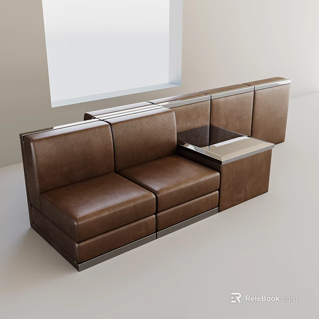 Modern Brown Leather Banquette Sofa With Attached Small Table And Metal Frame 3d model
