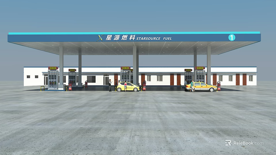 TARSOURCE FUEL Modern Gas Station Canopy With Fuel Pumps And Vehicles 3d model 