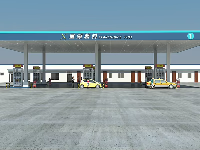 TARSOURCE FUEL Modern Gas Station Canopy With Fuel Pumps And Vehicles 3d model
