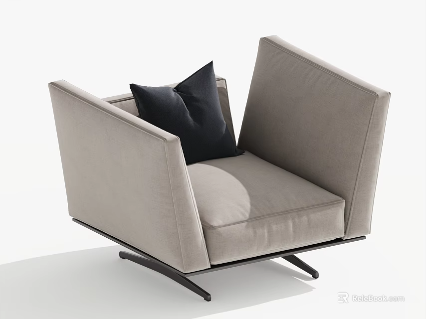 Modern Minimalist Light Gray Single Seater Sofa With Black Pillow And Black Metal Legs 3d model 