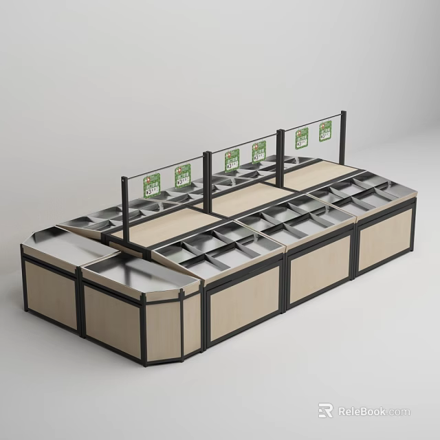 Fruit Store Wooden Frame Display Counters With Divided Compartments And Top Signs 3d model