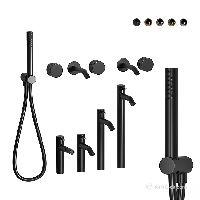 Modern Black Bathroom Faucet Set with Shower Head and Control Knobs 3d model 