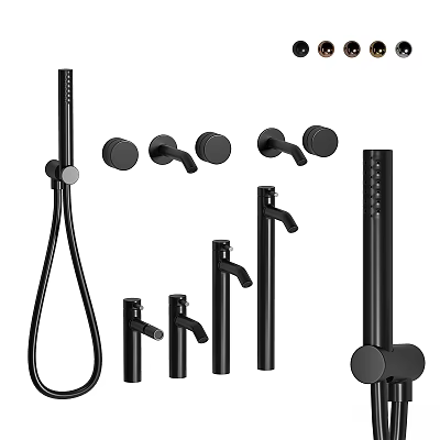 Modern Black Bathroom Faucet Set with Shower Head and Control Knobs 3d model