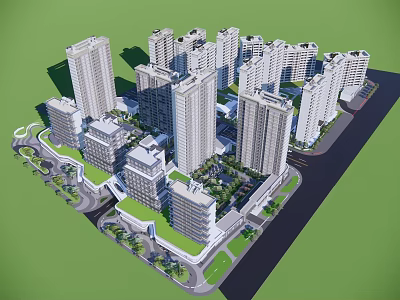 Aerial View Of Modern Urban High Rise Building Complex With Green Spaces 3d model