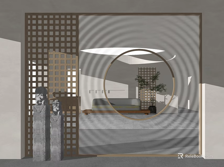 Wooden Lattice Room Divider With Circular Opening And Indoor Plant In Modern Interior 3d model 