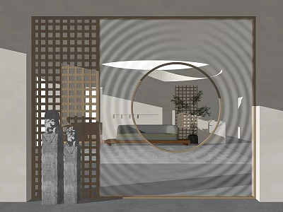 Wooden Lattice Room Divider With Circular Opening And Indoor Plant In Modern Interior 3d model