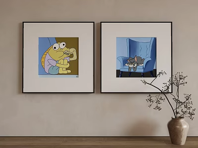 Abstract Art Paintings Displayed On Wall Near Vase 3d model