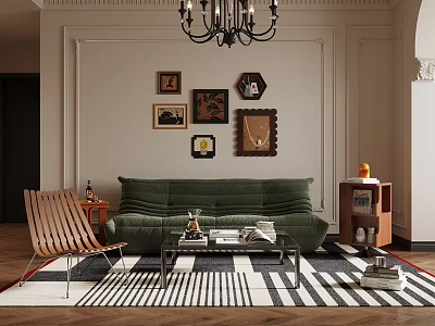 Modern Living Room Interior With Green Sofa Coffee Table Framed Artworks And Chandelier 3d model