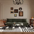 Modern Living Room Interior With Green Sofa Coffee Table Framed Artworks And Chandelier