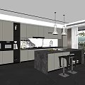 Modern Kitchen Interior Design With Gray Cabinets Black Island Counter And Pendant Lights Bar Stools