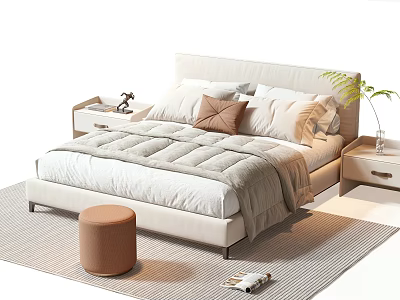 Modern Double Bed with Soft Pillows Quilt Nightstand Stool and Potted Plant on Rug 3d model