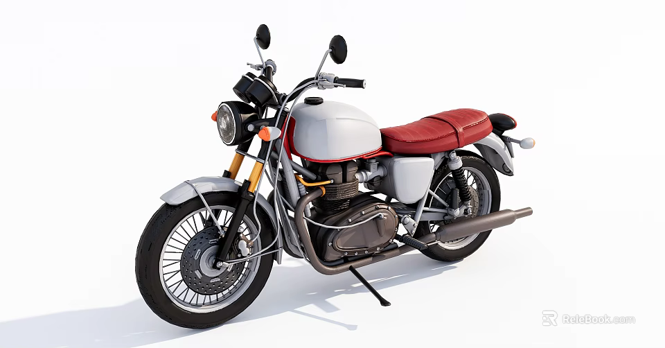 Vintage Classic Motorcycle With White Body Red Seat Black Tires And Silver Exhaust 3d model 