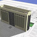 Modern High Rise Office Building Featuring Glass Curtain Wall Red Logo Green Lawn Pedestrians Trees