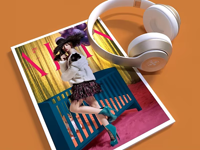 Fashion Magazine Cover Featuring Stylish Woman In Hat Holding Microphone Golden Curtain And White Headphones 3d model