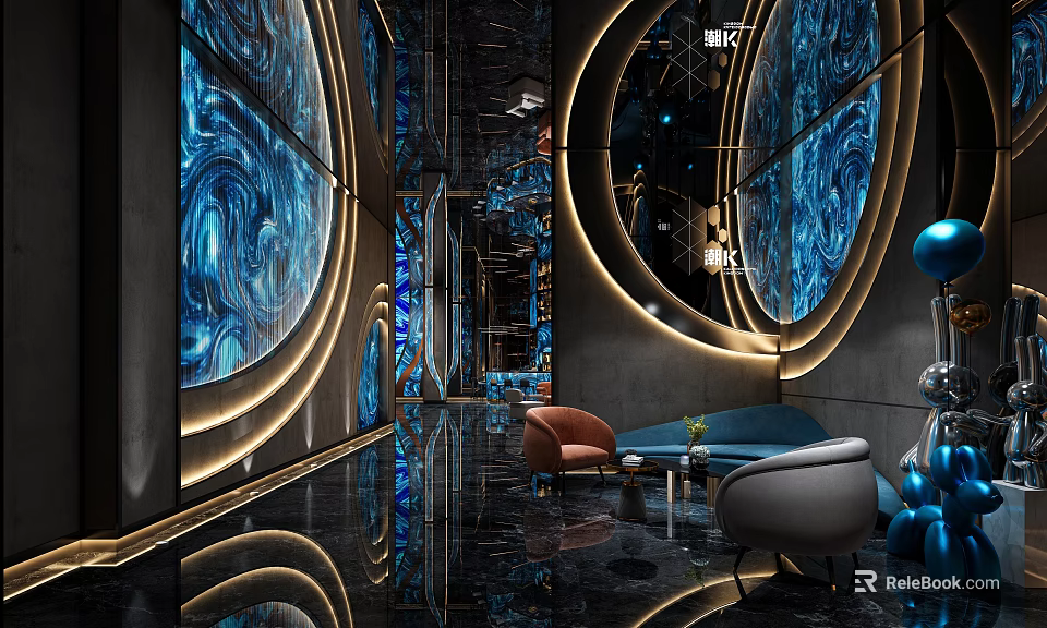 Modern KTV Interior Design With Blue Swirl Walls Circular Lighting Golden Trim And Comfortable Seating 3d model 