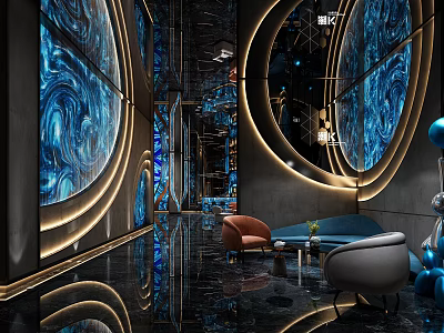 Modern KTV Interior Design With Blue Swirl Walls Circular Lighting Golden Trim And Comfortable Seating 3d model