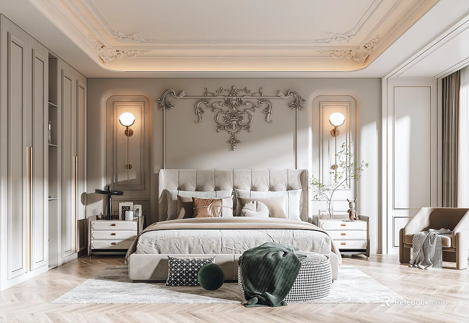 Luxurious Bedroom Interior With Ornate Ceiling Moldings Upholstered Headboard Bedside Lamps And Area Rug 3d model 