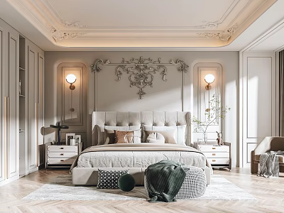 Luxurious Bedroom Interior With Ornate Ceiling Moldings Upholstered Headboard Bedside Lamps And Area Rug 3d model