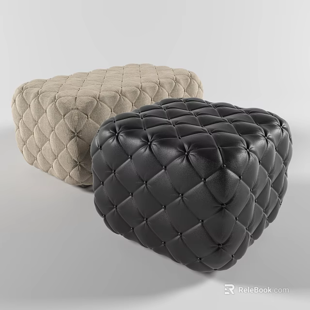 Beige Fabric Ottoman and Black Leather Ottoman with Quilted Stitching Design 3d model 