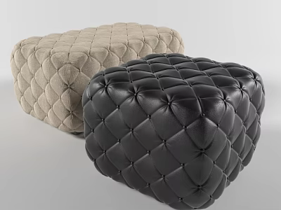 Beige Fabric Ottoman and Black Leather Ottoman with Quilted Stitching Design 3d model