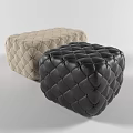 Beige Fabric Ottoman and Black Leather Ottoman with Quilted Stitching Design