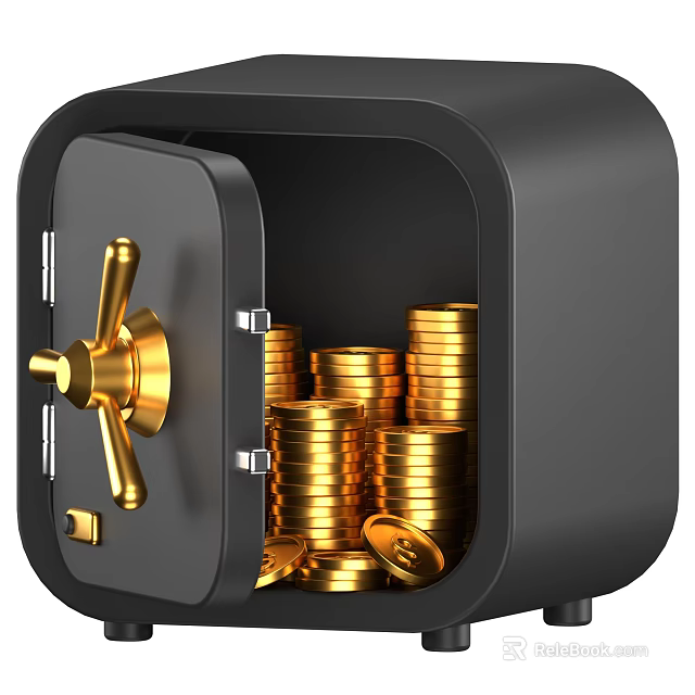 Decorative Ornament Set Featuring Open Safe With Gold Coins Golden Bars And Knob Design 3d model 