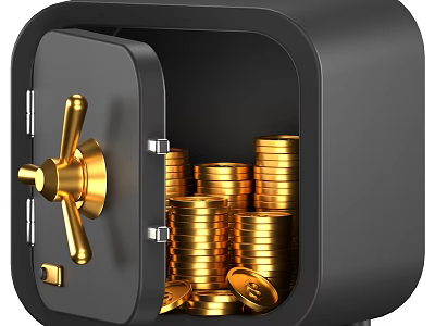 Decorative Ornament Set Featuring Open Safe With Gold Coins Golden Bars And Knob Design 3d model