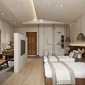 Modern Hotel Room Interior With Twin Beds Wooden Floors Large Window TV And Decorative Paintings