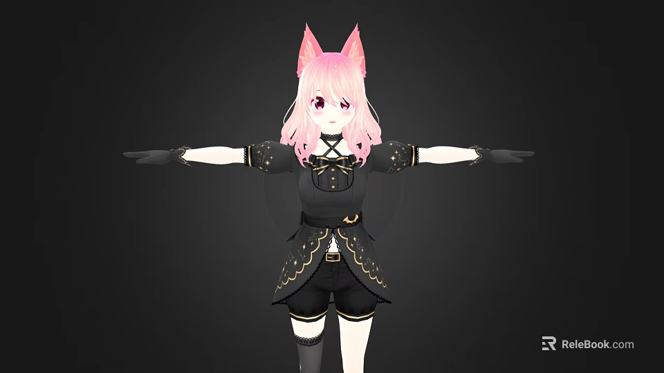 Anime Character With Pink Hair Red Eyes And Cat Ears In Black Outfit Arms Outstretched 3d model 