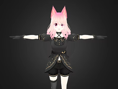 Anime Character With Pink Hair Red Eyes And Cat Ears In Black Outfit Arms Outstretched 3d model
