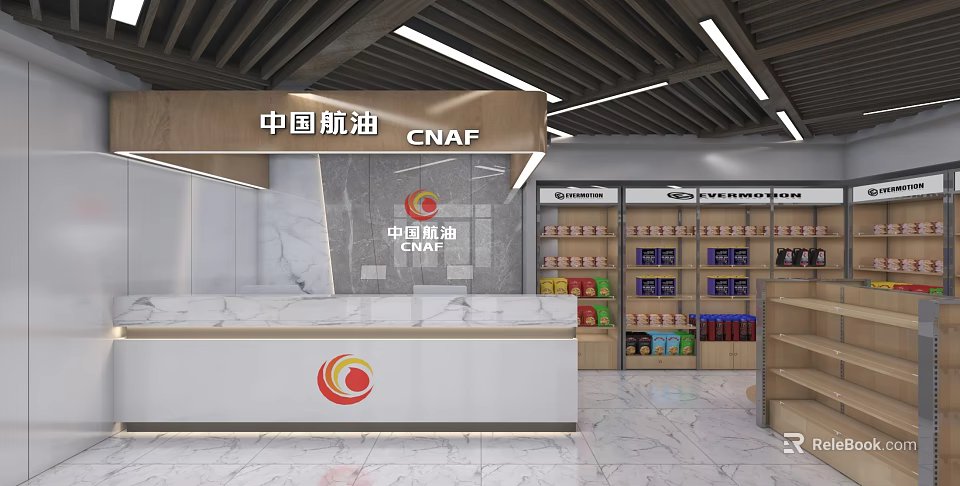 Modern Supermarket Department Store Interior With Marble Counter And Shelves Displaying Various Goods 3d model 