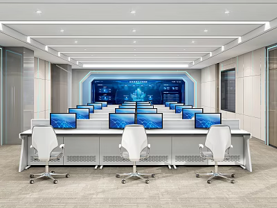 Modern Monitoring Room With Multiple Screens And White Chairs 3d model