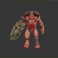 Horned Warrior Creature With Armored Shoulders And Muscular Red Body Holding Weapon