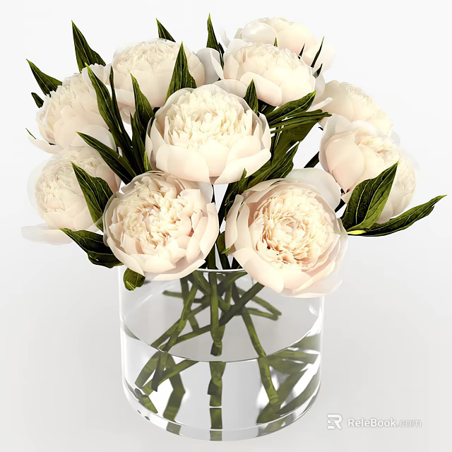 Decorative Transparent Glass Vase With White Peonies And Green Leaves On White Background 3d model 