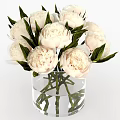 Decorative Transparent Glass Vase With White Peonies And Green Leaves On White Background