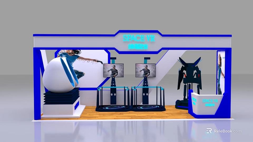 SPACE VR Exhibition Booth With Egg Shaped Seat Screens And VR Devices 3d model 
