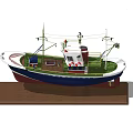 Detailed Decorative Model Ship With White Blue Green And Red Hull On Wooden Base