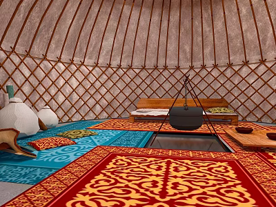Traditional Yurt Interior With Colorful Patterned Rugs Wooden Lattice And Central Stove 3d model